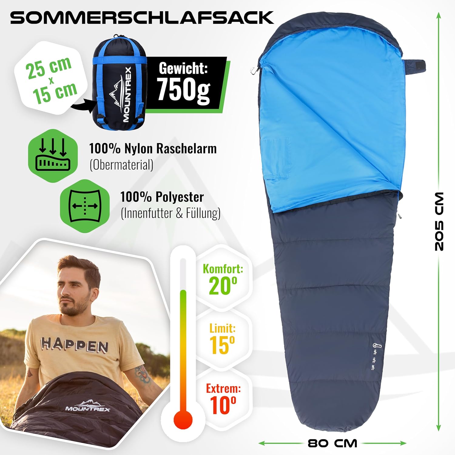Detalle 2 de MOUNTREX Schlafsack Winter Sommer Ultraleicht 760 g