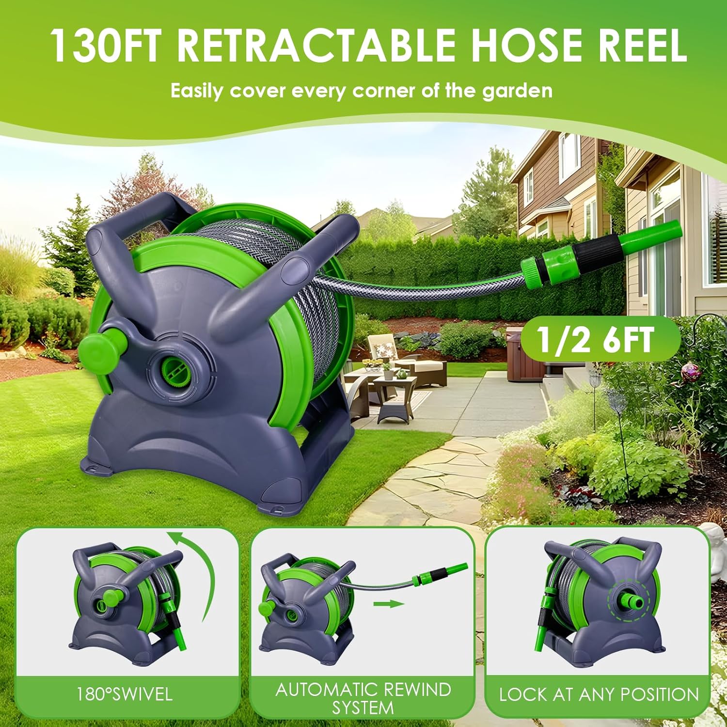 Detalle de Garden Hose Reel 20M (Ø 15 mm): Flexible Rewindable System with 7-Function Nozzle, Wall Mount or Free Standing