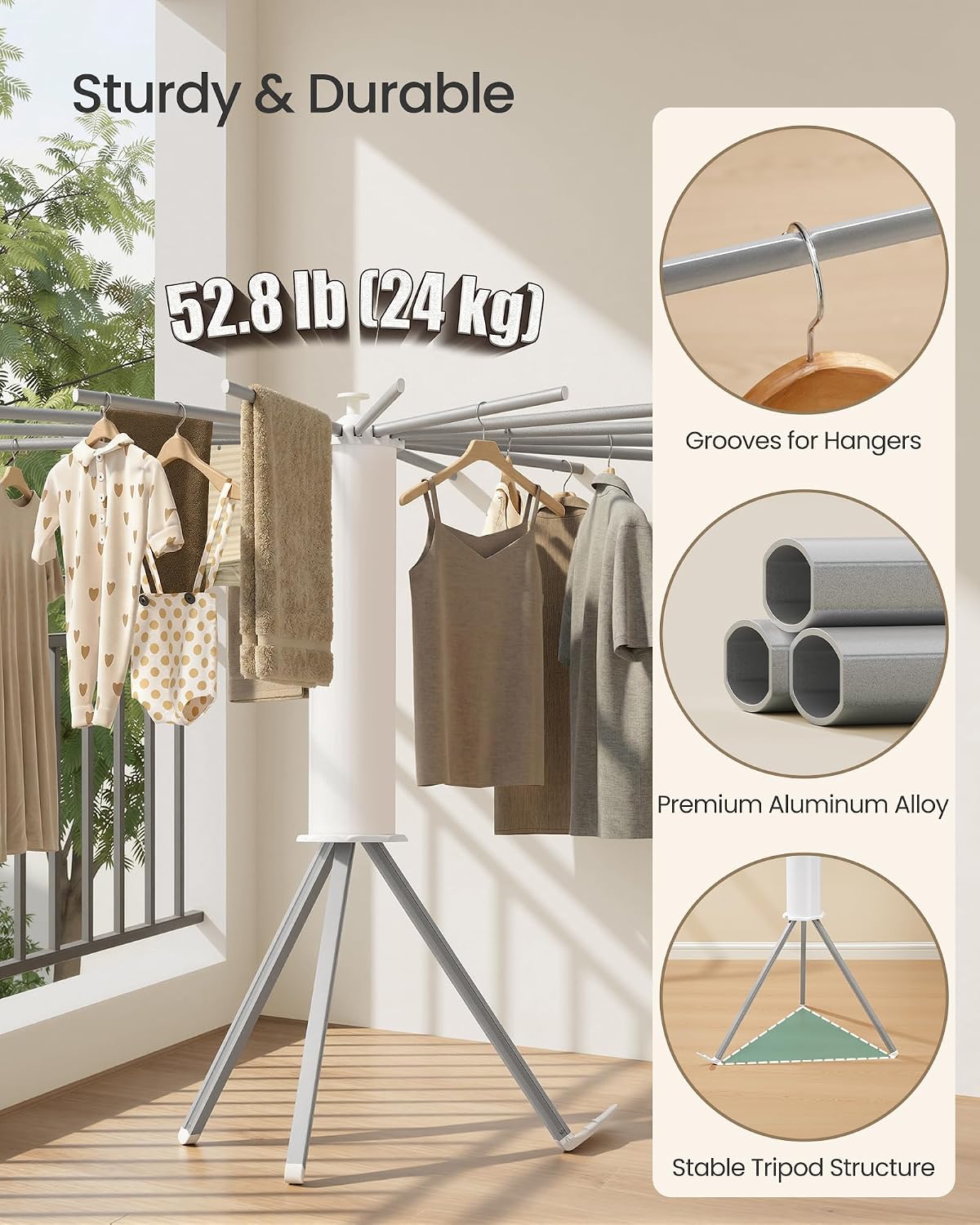 Detalle 2 de SONGMICS ULLR531EW01 Foldable Clothes Drying Rack, 16 Arms, Rotatable