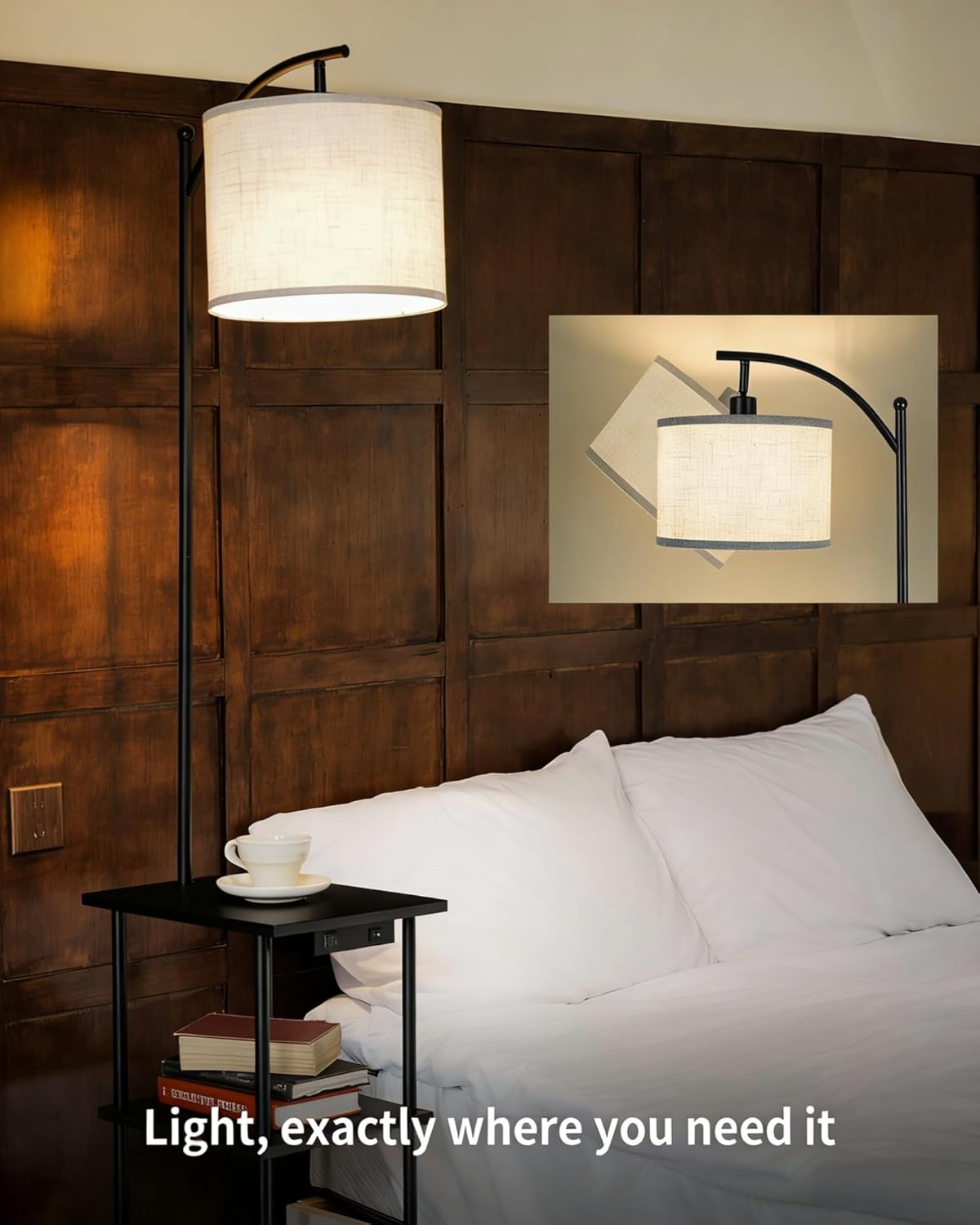 Detalle de LuminexDesigns Vintage Stehlampe mit Regal – Holz, USB/Type-C, 3 Ebenen, E27, Schwarz