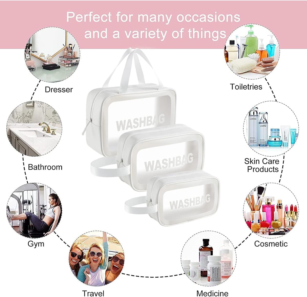Thumbnail 4 de Mikytoper 3 PCS Clear Toiletry Bag Set (White) – Transparent PVC Travel Cosmetic Bags