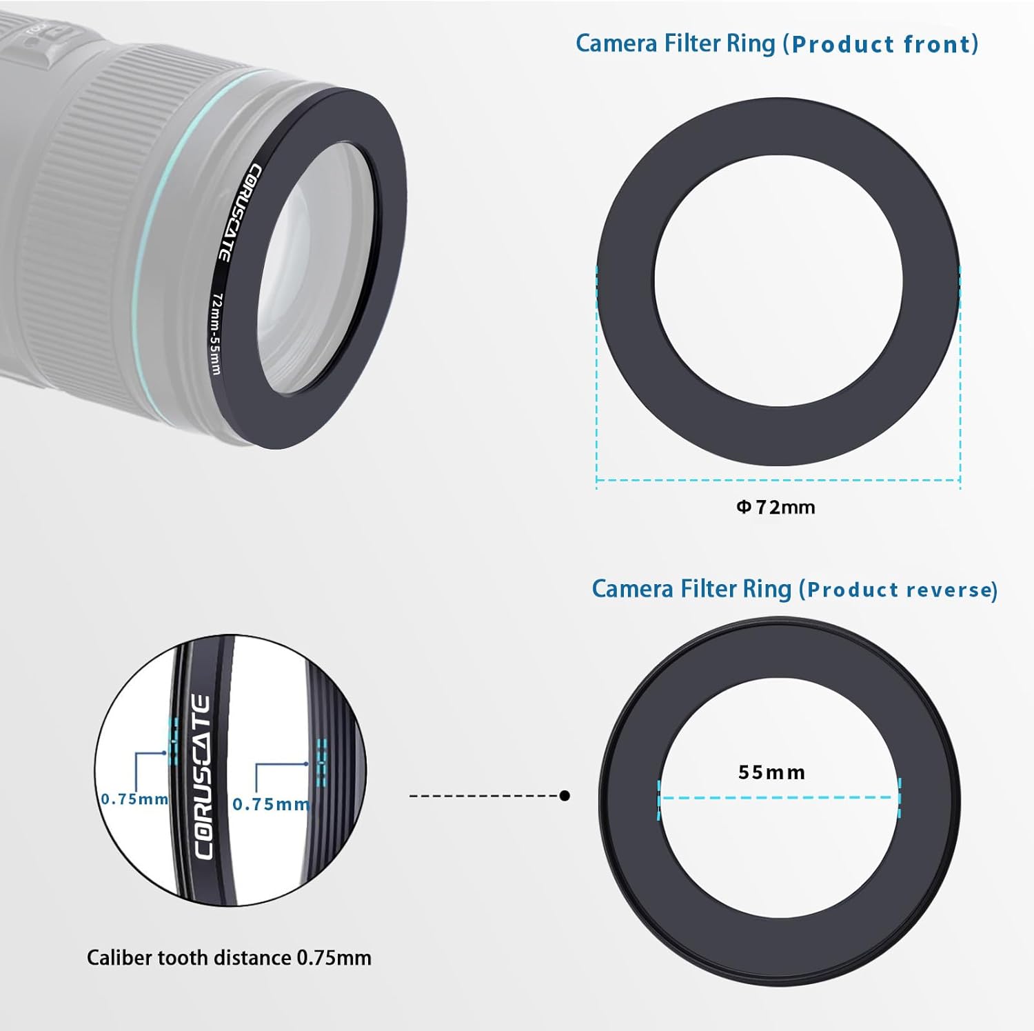 Thumbnail 1 de 72mm auf 55mm Objektivadapter Ring – Step-Down Filteradapter für 72 mm Objektive