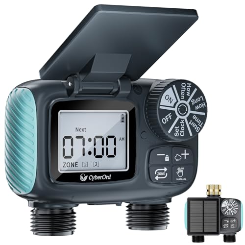 Programador de riego solar CyberOrd de 2 zonas con carga solar y modos automático/manual y retraso por lluvia
