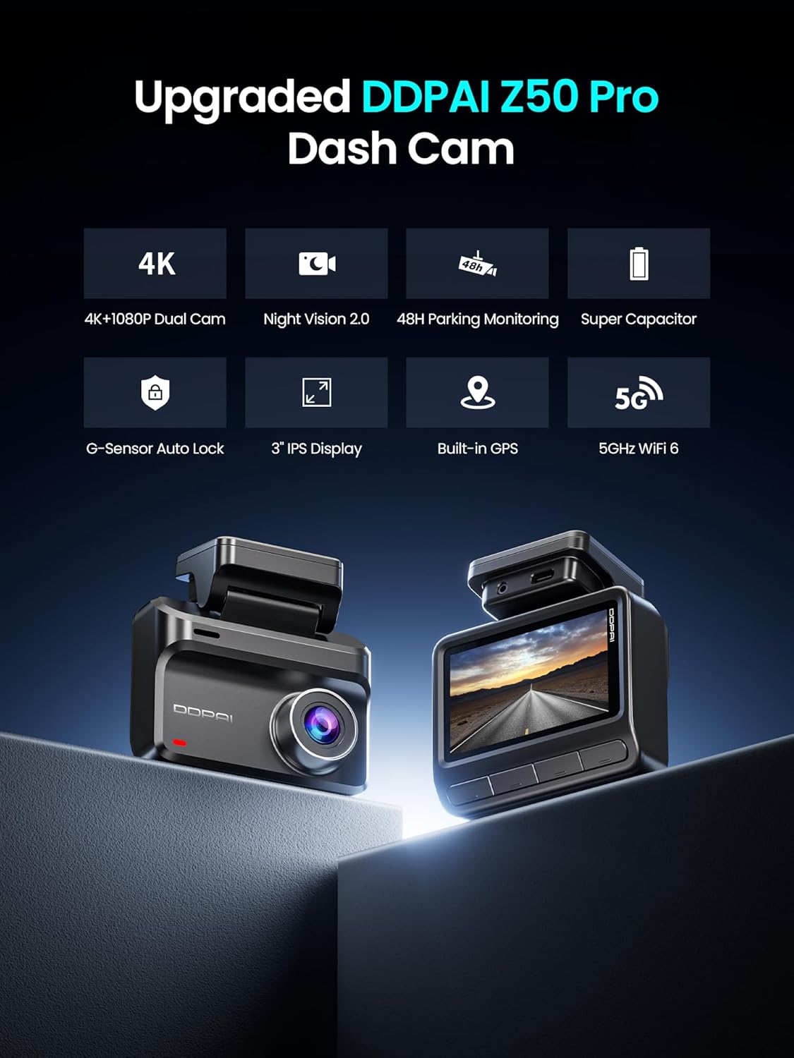 Thumbnail 1 de DDPAI Z50 Pro dashcam auto 4K+1080P con WiFi 6 5 GHz, GPS e 48 ore di monitoraggio in parcheggio