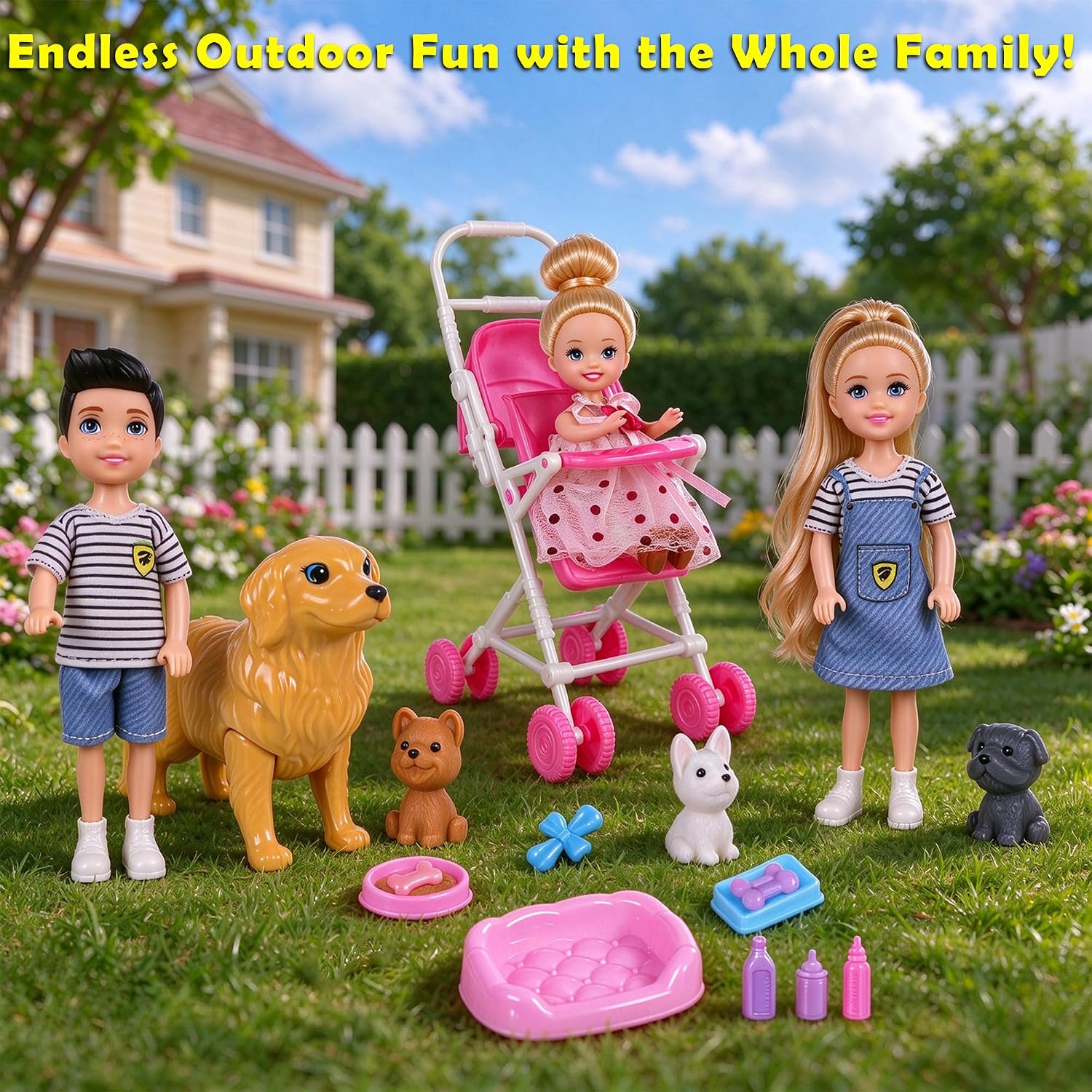 Detalle 2 de dollbie DBLD11 Family Doll Playset with Baby Stroller, Kids and Pets