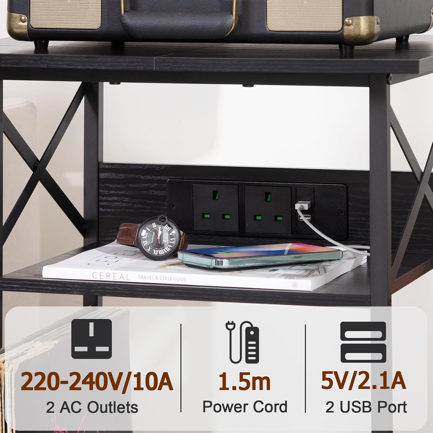 Detalle de AMHANCIBLE HETCD012BK-1 Record Player Stand with Charging Station (3-tier bedside table)