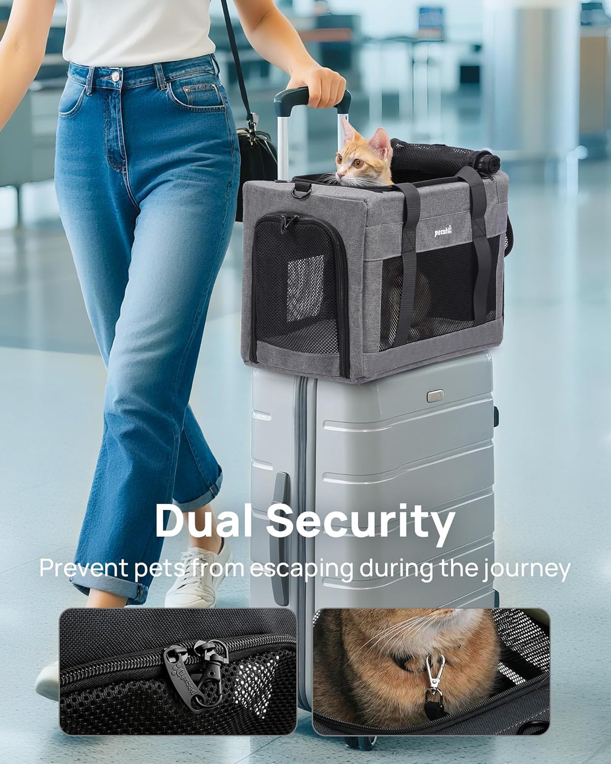 Thumbnail 3 de Sac de transport pour chat Pecute approuvé par les compagnies aériennes, châssis rigide et fenêtres en maille gris