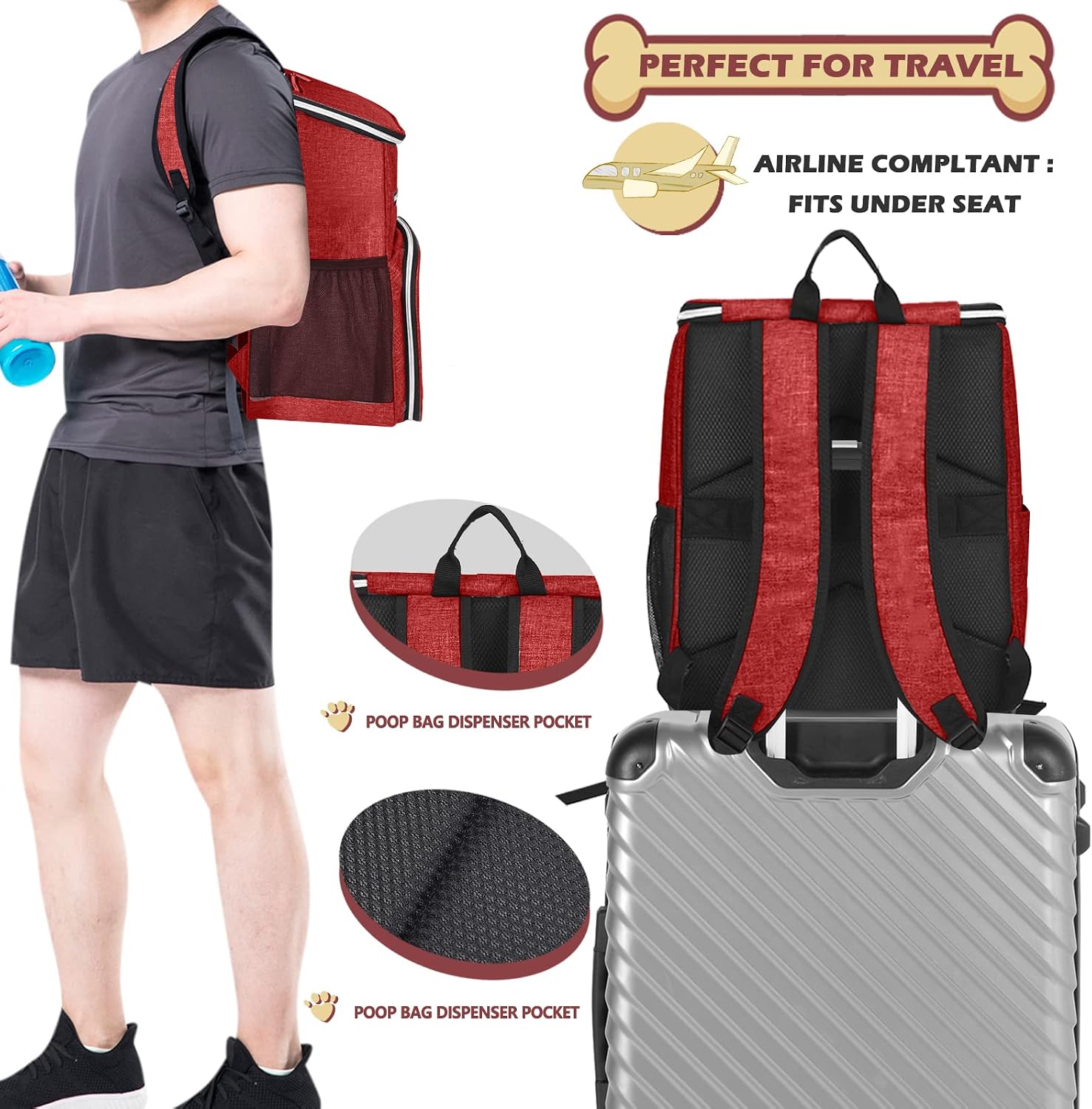 Detalle de BAGLHER Dog Travel Bag Backpack – Airline Approved with 2 Collapsible Bowls & 2 Food Baskets (Red)