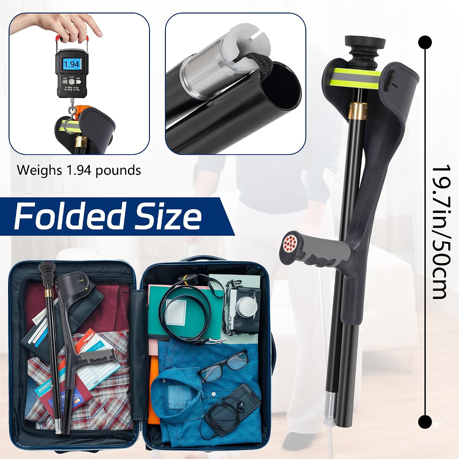 Thumbnail 2 de Folding Forearm Crutches for Adults (Set of 2) with Anti-Slip Feet — Adjustable, Lightweight Aluminium, Cuffs, and Travel-Ready Design