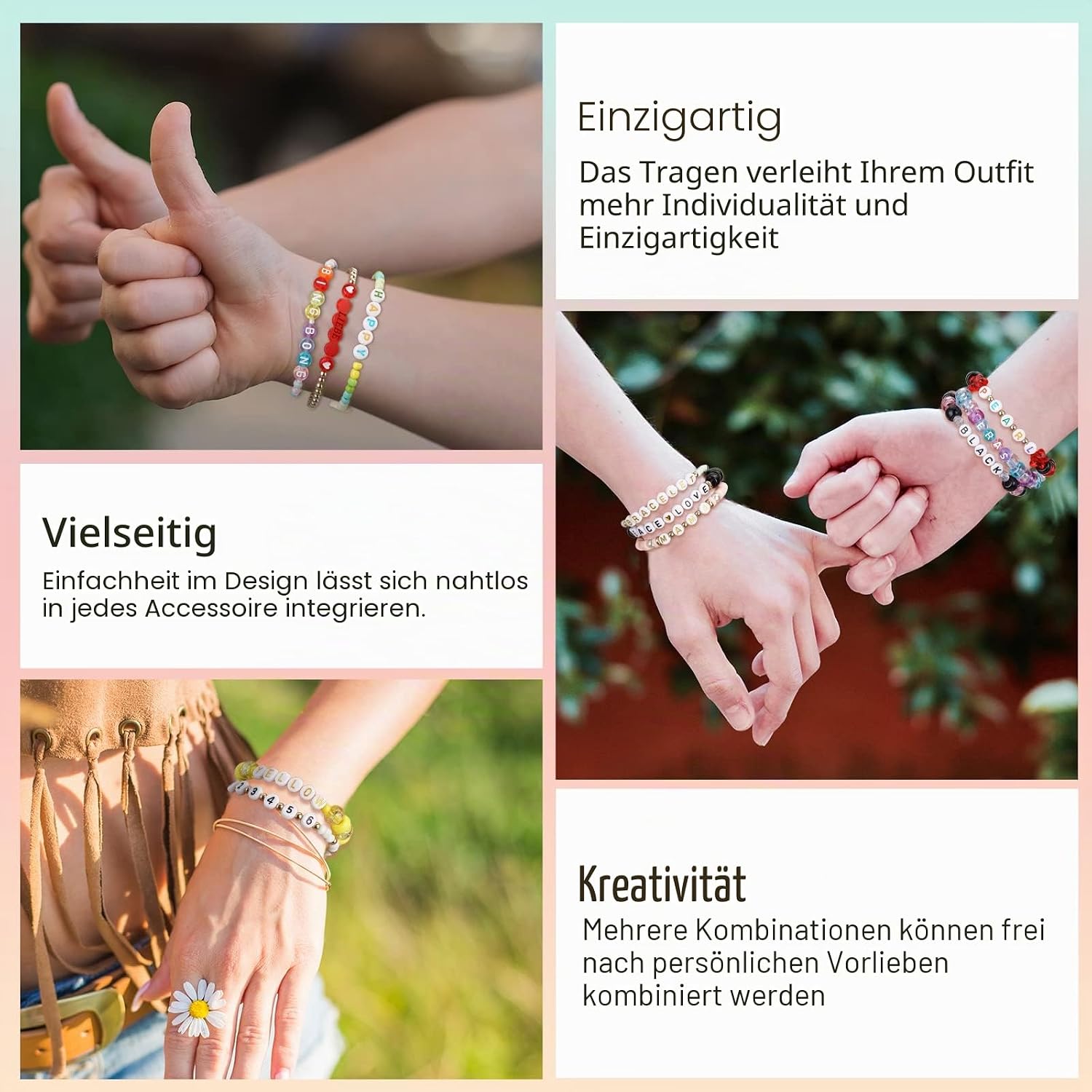 Detalle 2 de FZIIVQU Buchstaben Perlen Kit – 1450 Teile, Acryl 4x7 mm, DIY Freundschaftsarmbänder mit A–Z, Herz- und Smiley-Perlen