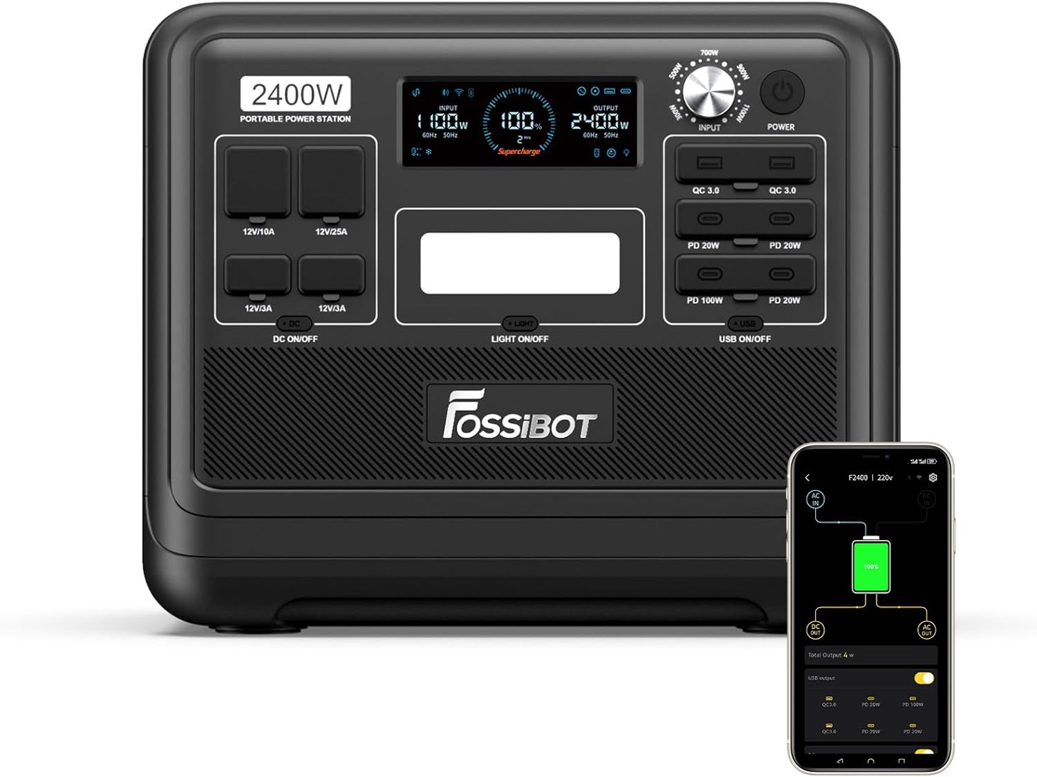 Thumbnail 4 de FOSSiBOT F2400 Générateur Solaire avec Panneau 200W – 2048 Wh, LiFePO4, 3 Sorties CA 2400 W
