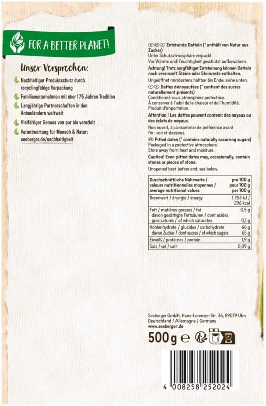 Detalle 2 de Seeberger Dattes au goût de miel – Dattes dénoyautées, séchées et non soufrées, 500 g