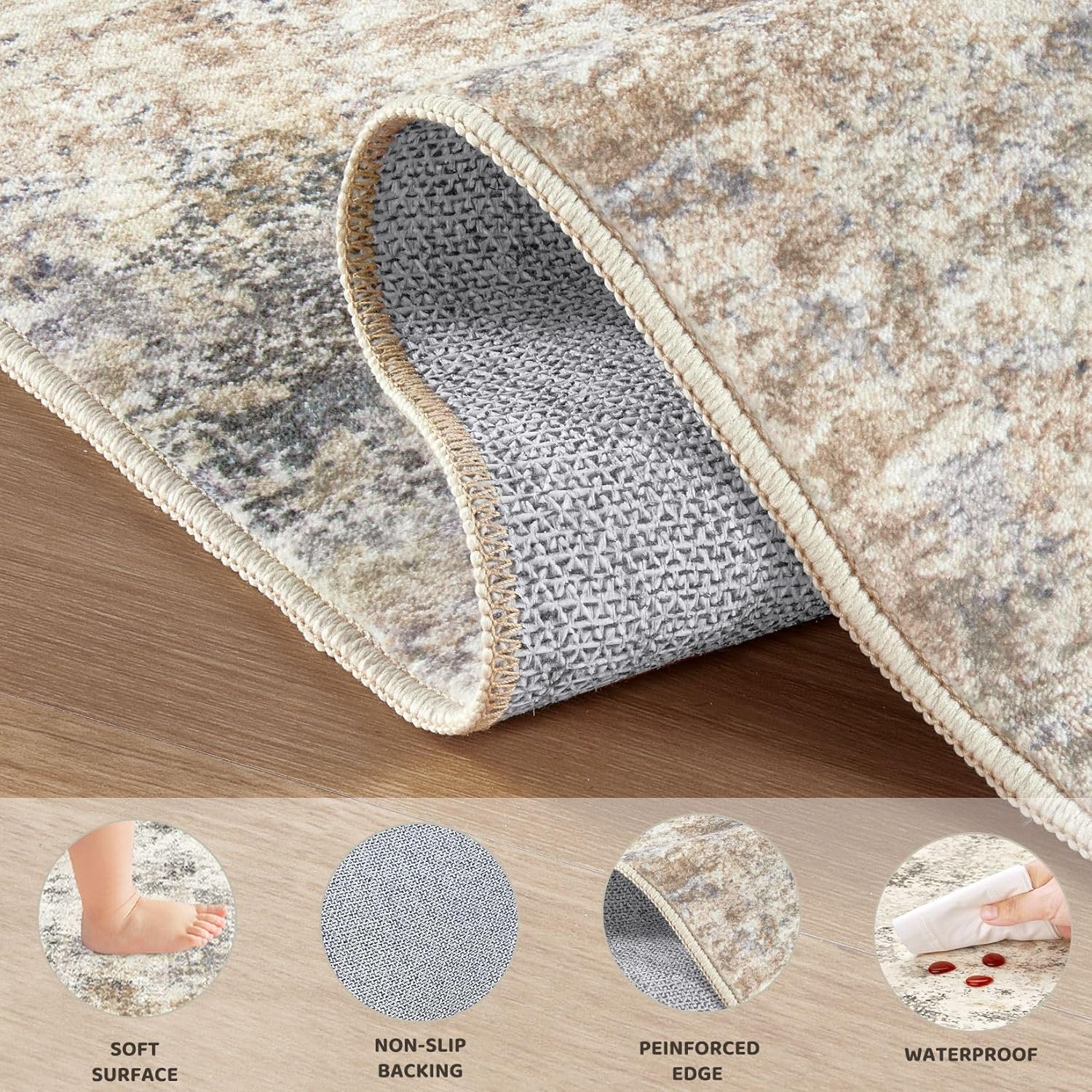 Thumbnail 5 de UERMEI 12x14 Neutral Abstract Washable Area Rug with Non-Slip TPE Backing (Golden Grey)