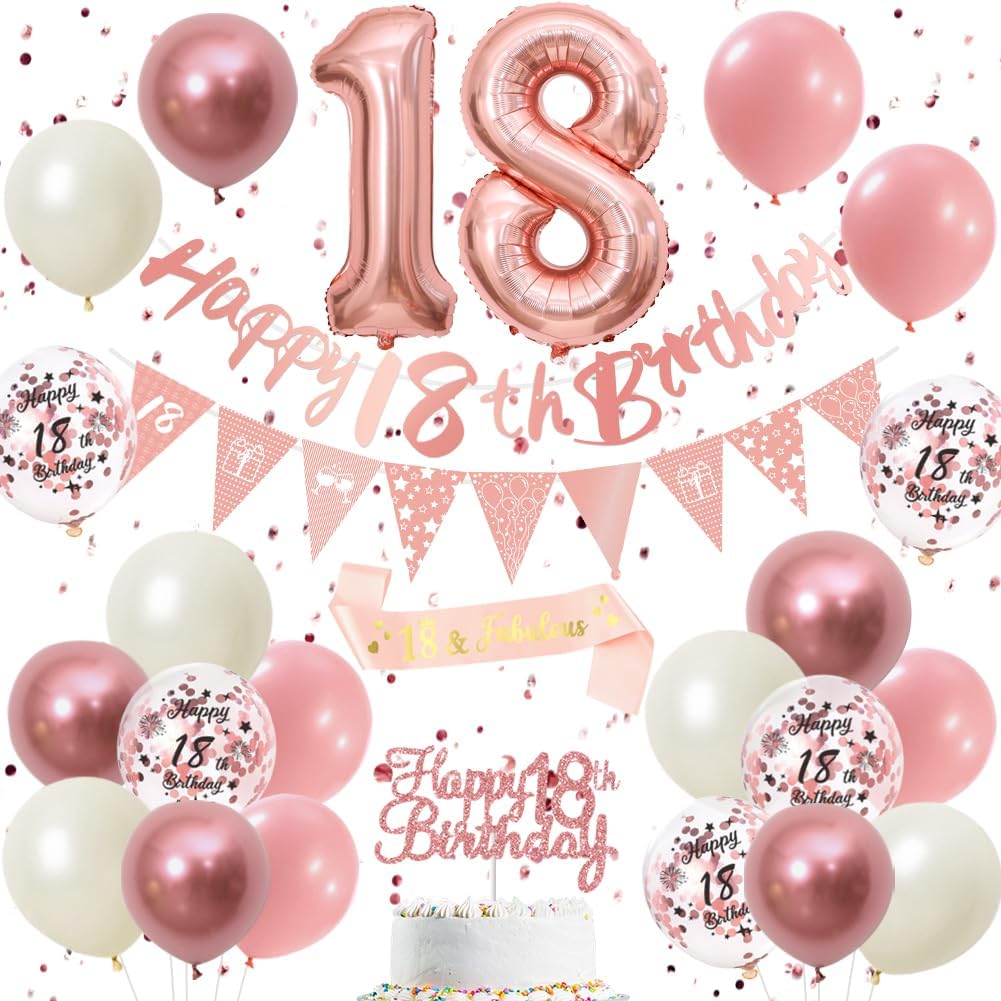 18th Birthday Decorations Retro Pink Rose Gold Set – Blush Pink banner, pennant flags, cake topper, foil number balloon & balloons