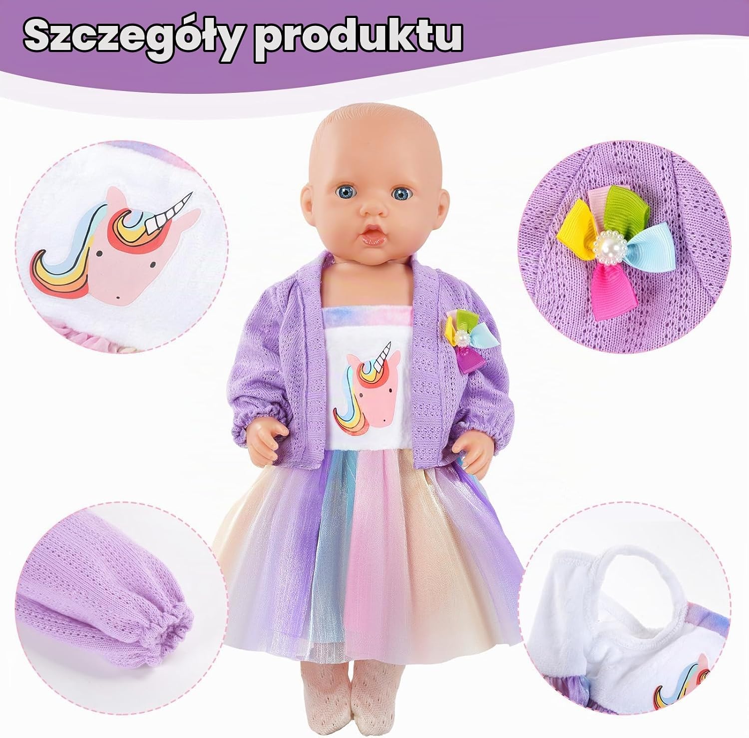 Thumbnail 3 de Aolso EUV8-WWYF-DJCQ-FBA – ubranka dla lalek 35–45 cm, motyw jednorożca