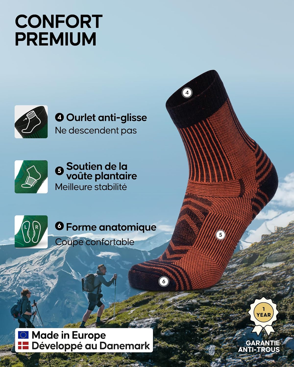 Thumbnail 2 de DANISH ENDURANCE Chaussettes de randonnée en laine mérinos avec rembourrage léger — 3 & 5 paires (unisex)