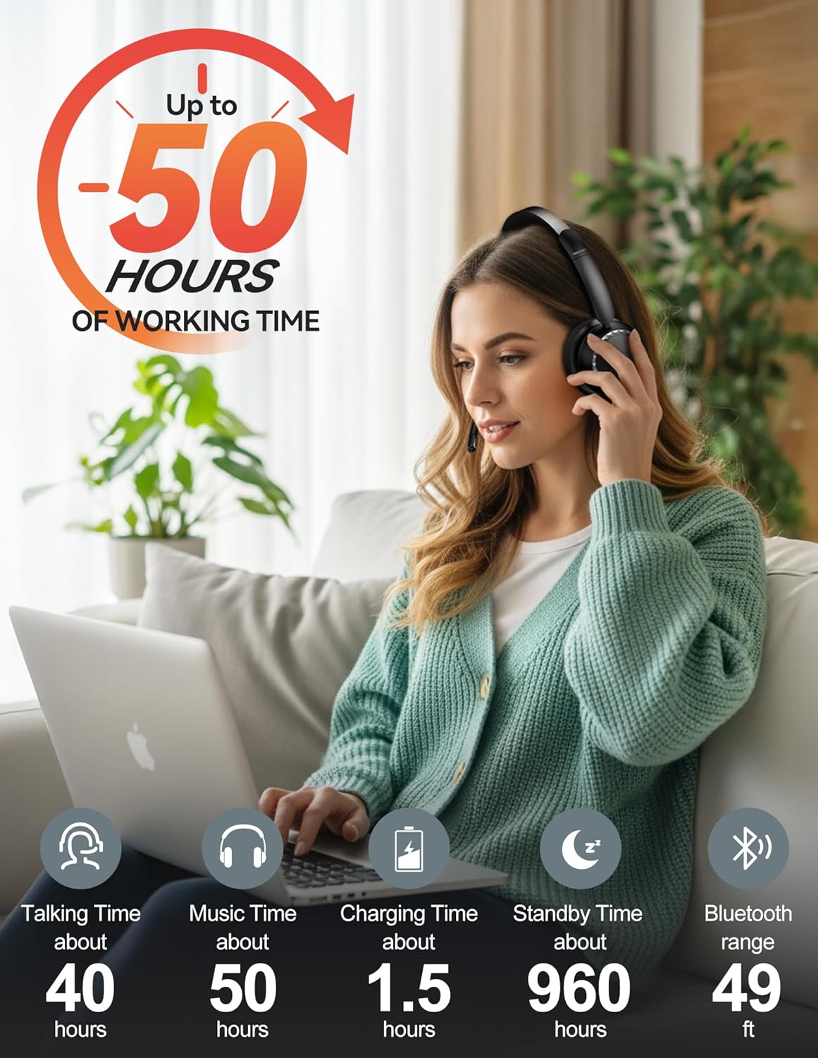 Detalle de TECKNET TK-HS016 Bluetooth Headset with AI Noise-Cancelling Mic and Charging Stand