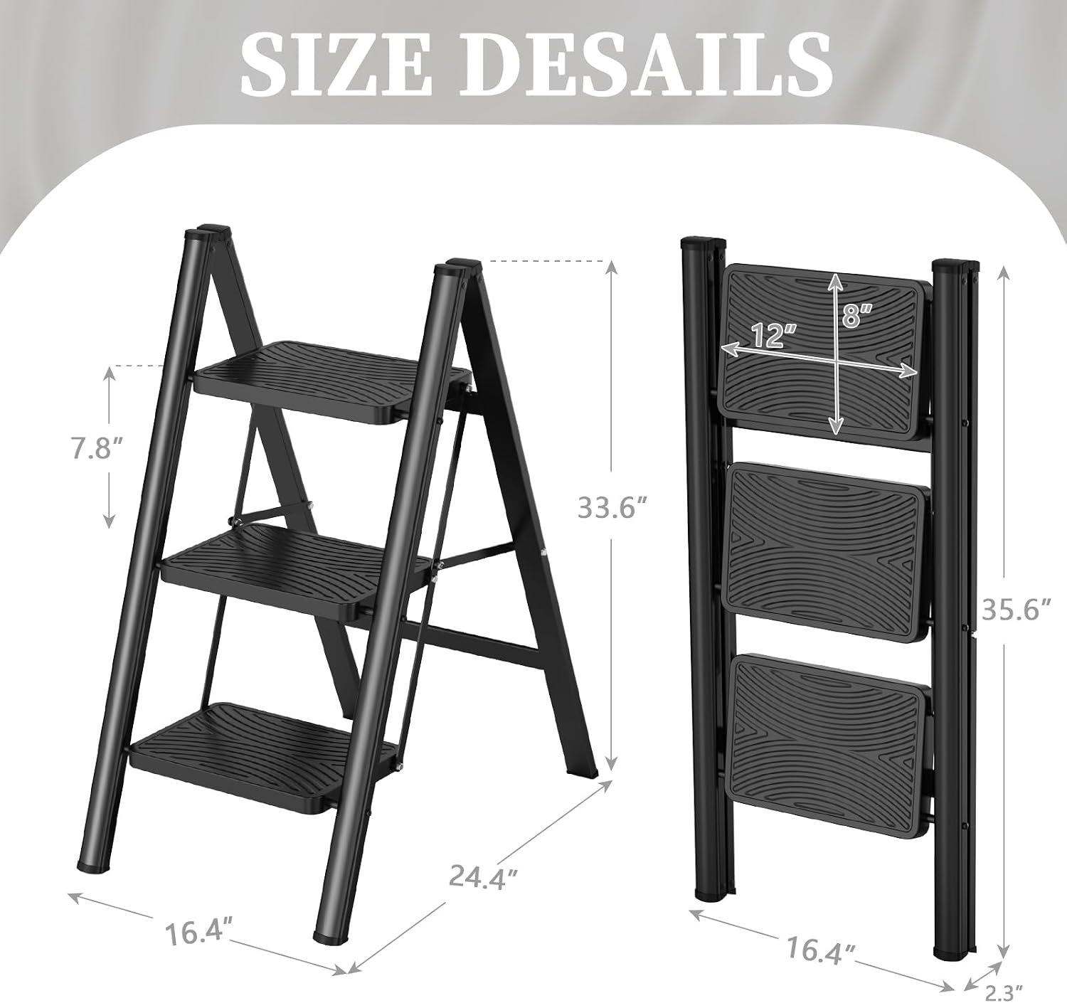 Detalle 2 de HBTower USAZFJHR-ZL15031501 3-Step Folding Step Ladder, Anti-Slip Pedals, Black
