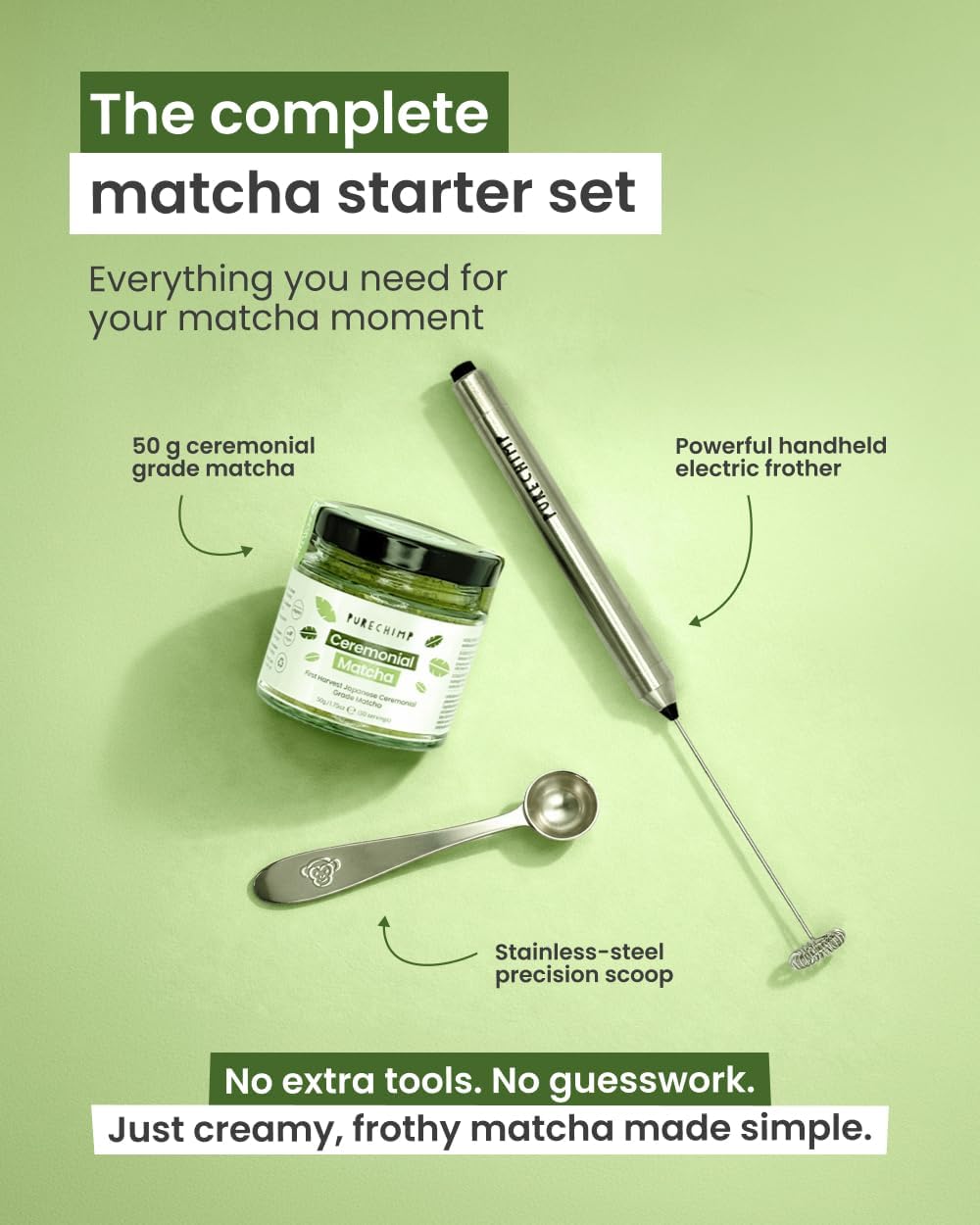 Detalle de PureChimp Modern Matcha Set: Ceremonial Matcha, Electric Whisk & Scoop