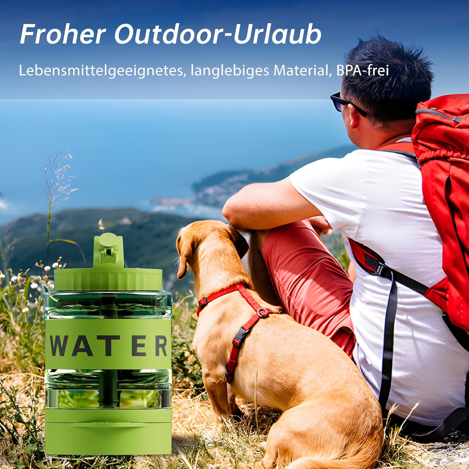 Thumbnail 1 de lesotc 2200 ml Hundetrinkflasche mit ausziehbarer Schüssel (XXL) – unterwegs für große Hunde, Armeegrün