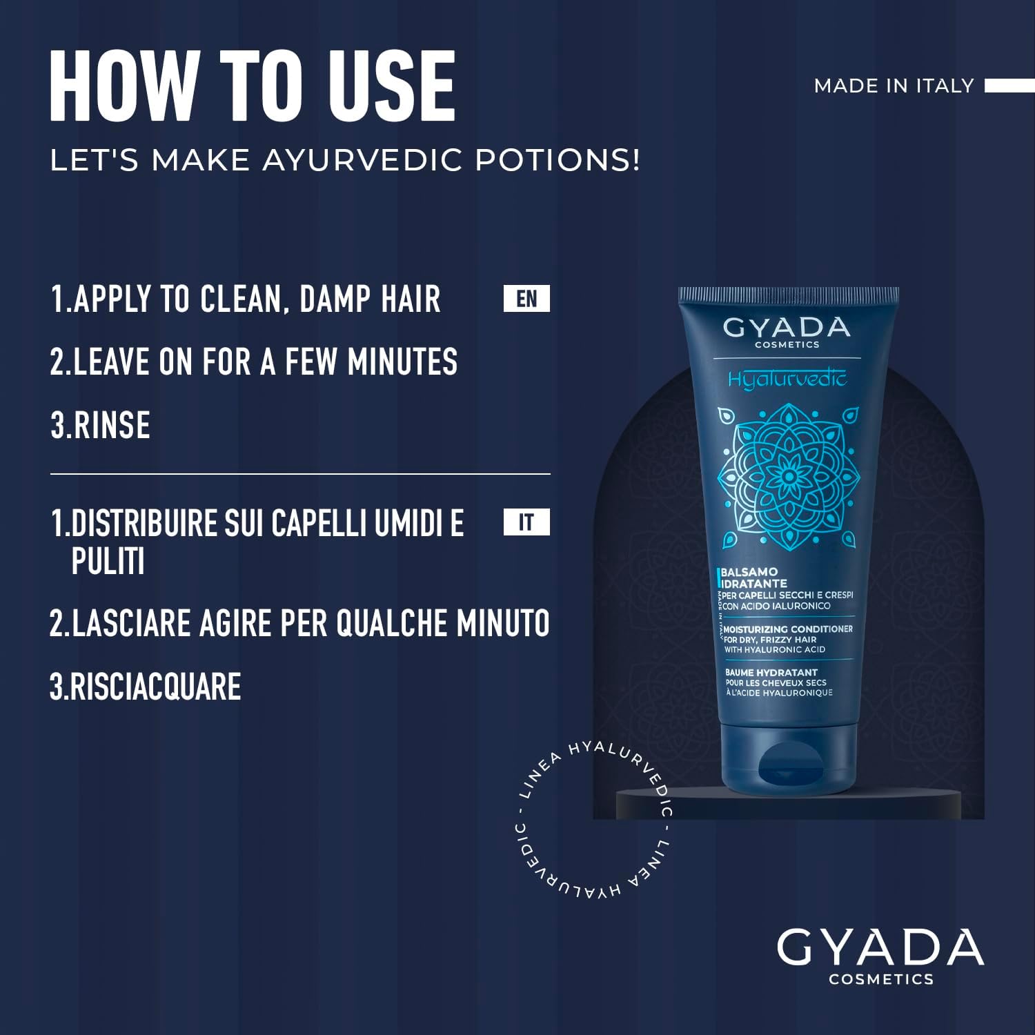 Detalle de GYADA COSMETICS Hyalurvedic Balsamo Idratante per Capelli Secchi e Crespi con Acido Ialuronico e Altea, 200 ml