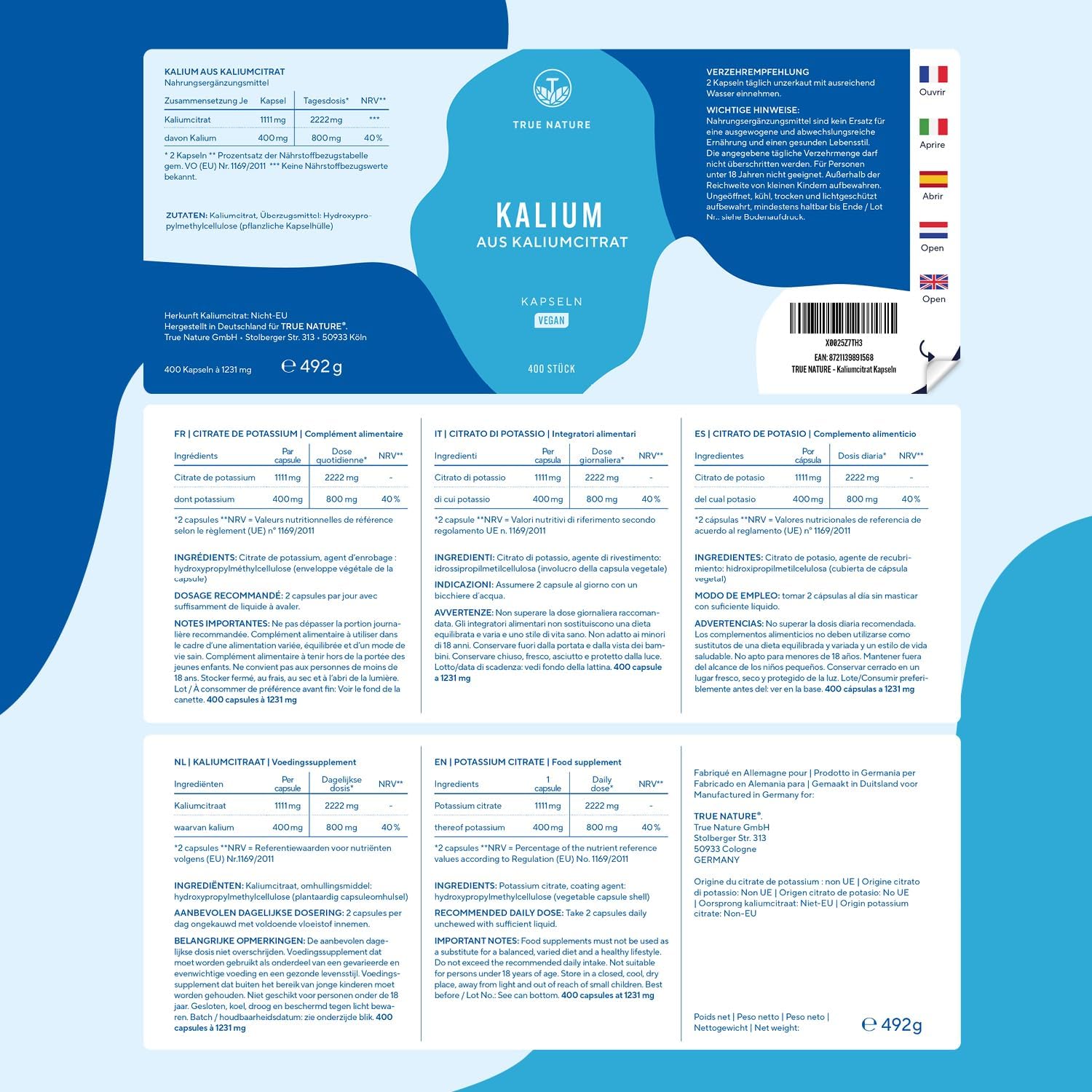 Detalle de Kalium Potassium – 400 Kapseln, Kaliumcitrat mit 800 mg elementarem Kalium – vegan, ohne Zusätze