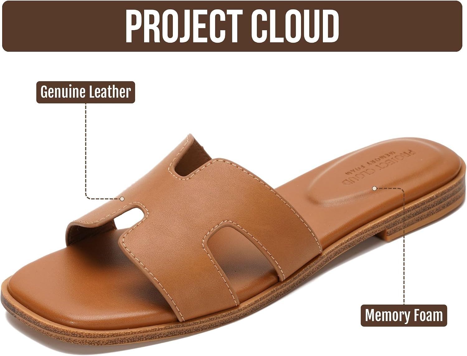 Detalle de Project Cloud Genuine Leather Memory Foam Slide Sandals for Women (Jannel) — Fashion Flat Mules