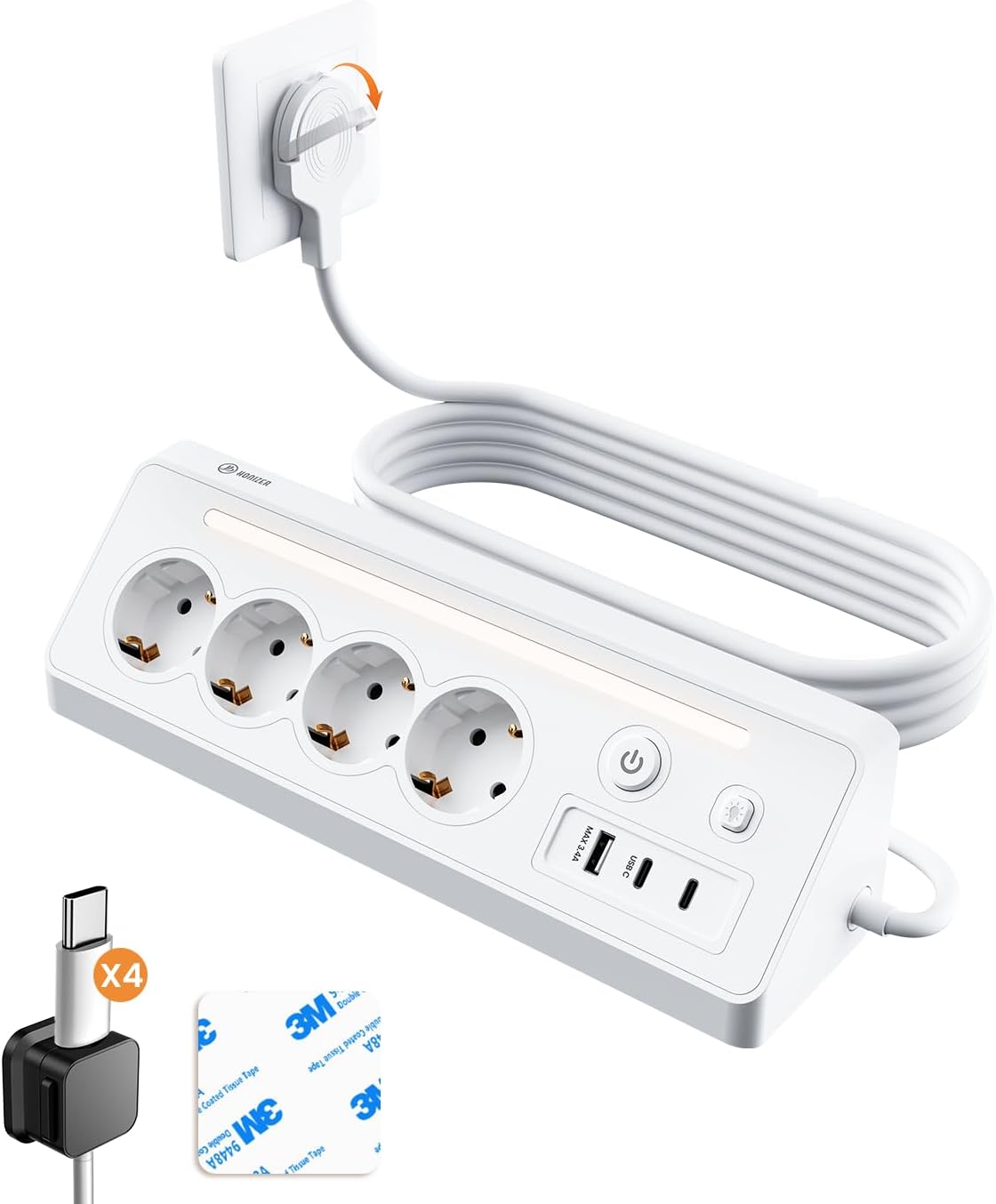 Detalle de Honizer 7-in-1 Desktop Steckdosenleiste mit 90° Ecksteckdose, 2 Schaltern, 4× Schuko & USB-A/2× USB-C