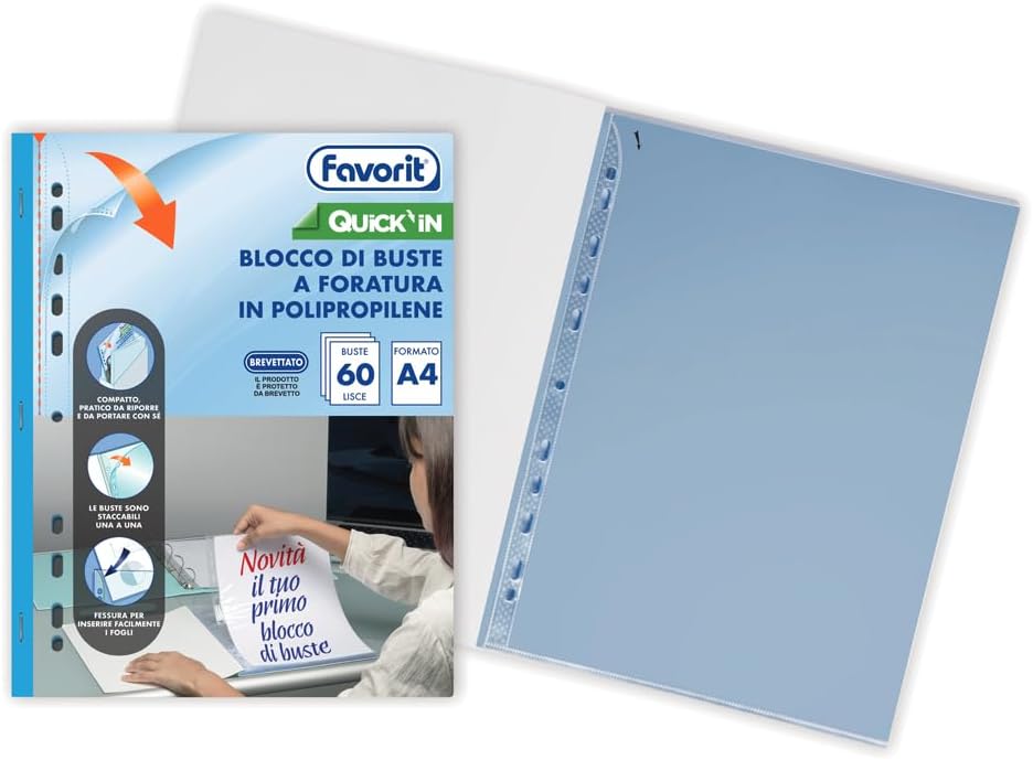 Detalle 2 de Favorit Quick'in: confezione da 2 blocchi di buste perforate universali in polipropilene trasparente per A4