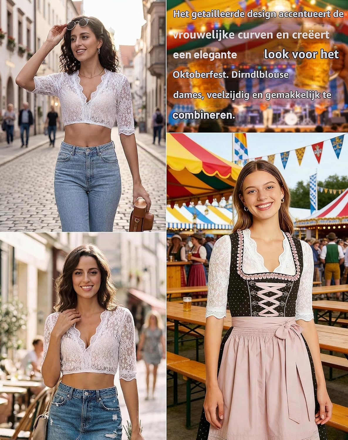 Thumbnail 6 de ZHAOCAI dirndlblouse voor dames met transparante kant en halflange mouwen