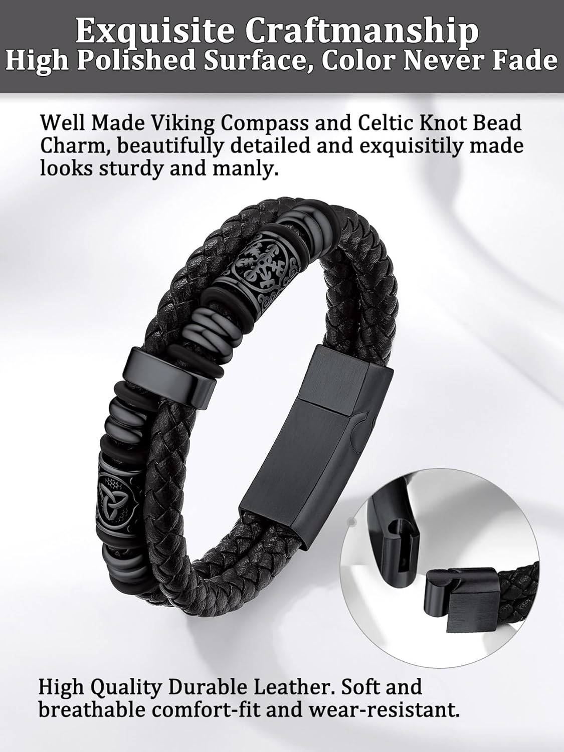 Thumbnail 1 de Bestyle pulsera de hombre de cuero y acero inoxidable con brújula vikinga (cierre magnético) negra, 21 cm