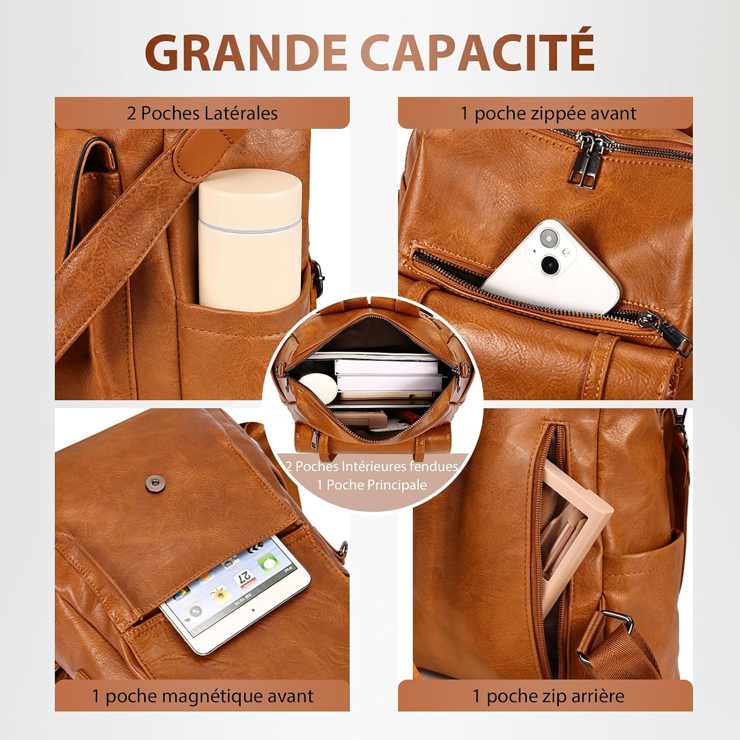 Detalle de Leathario Sac à Dos Antivol Femme en Cuir Vegan — Polyvalent et discret, 3-en-1