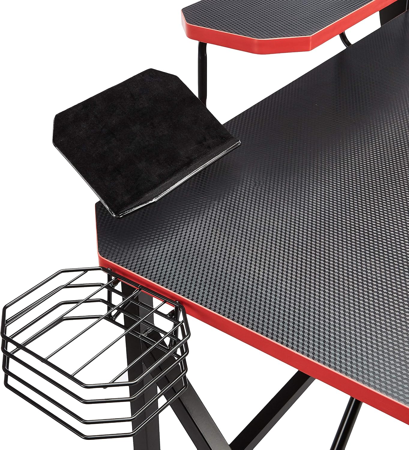 Detalle de Amazon Basics Scrivania Rettangolare per PC e gaming con vani portaoggetti – 130 x 60 x 90 cm, rosso