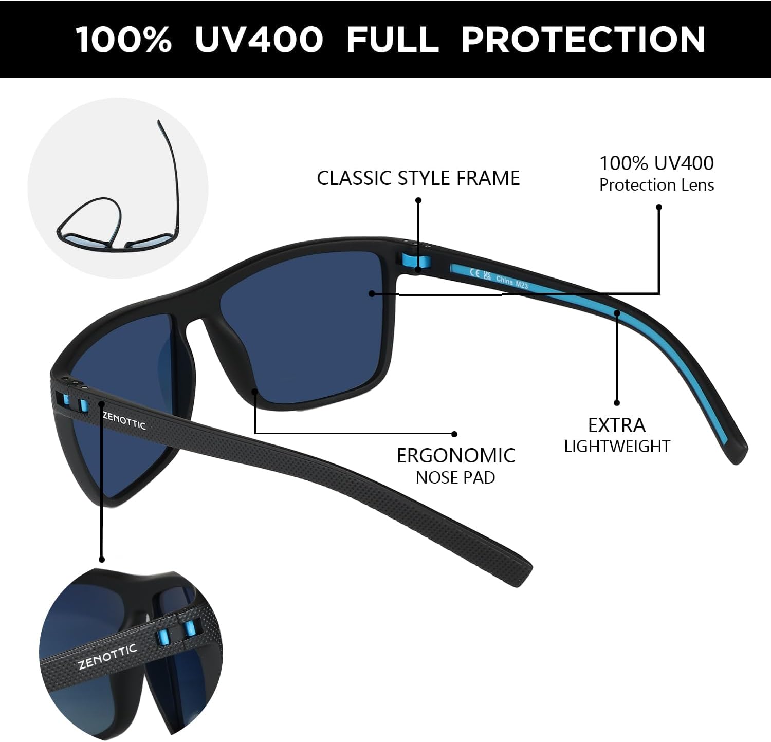 Detalle de ZENOTTIC Occhiali da sole polarizzati da uomo in TR90 leggero – montatura quadrata UV400