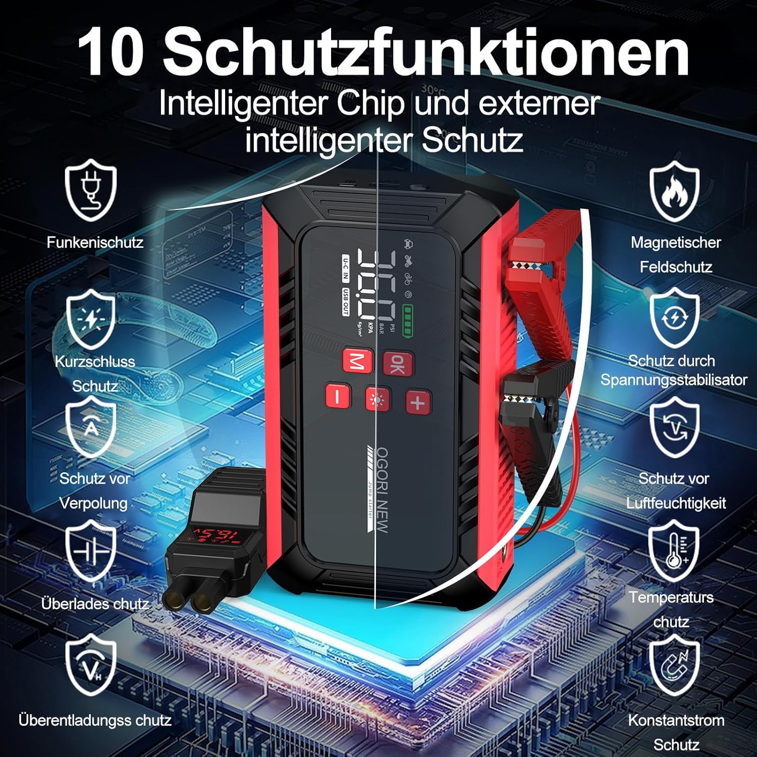 Thumbnail 6 de OGORI NEW Starthilfe Powerbank 6000A mit 150 PSI Kompressor – All-in-One Notfallwerkzeug für Pkw, Motorräder und mehr