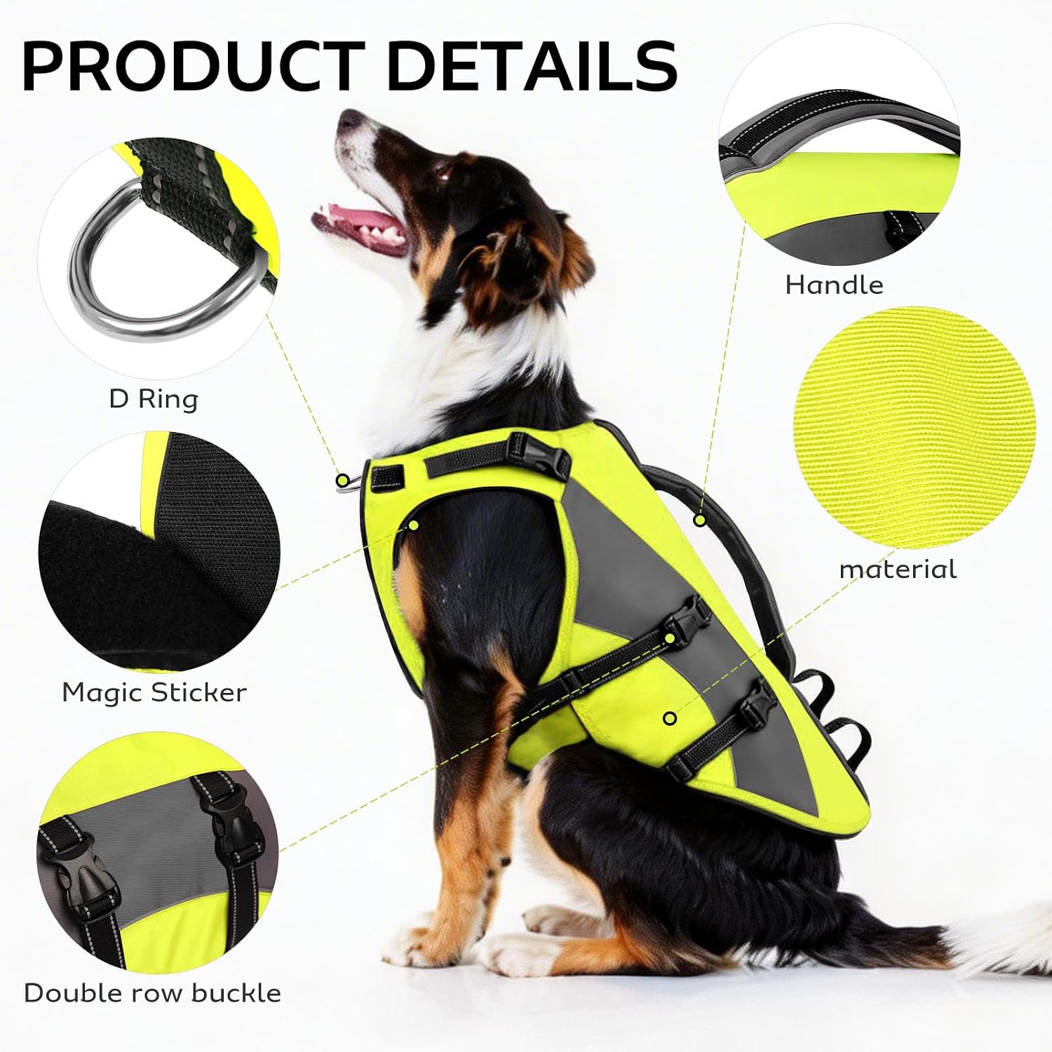Detalle 2 de CITÉTOILE Dog Life Jacket with Handle & Reflective Strips (Green, Size L) – Buoyancy Aid Vest for Water Activities