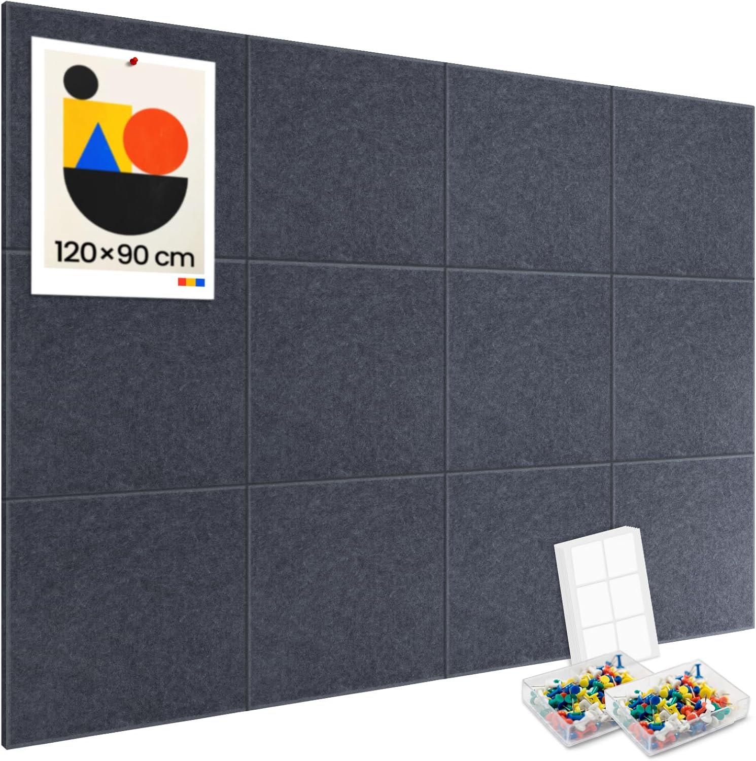 Großes Filz-Bulletin-Board 120 x 90 cm (12er-Set) mit Pinnnadeln und abnehmbaren Klebetabs für Wandmontage