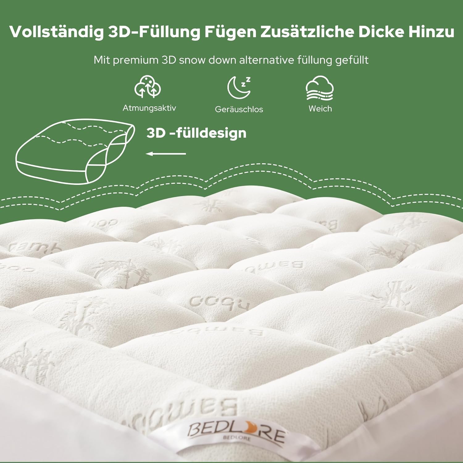 Detalle de BEDLORE Matratzentopper 180 x 200 cm aus Bambusfaser-Viskose mit dehnbaren Taschen (bis 40 cm Matratzenhöhe)
