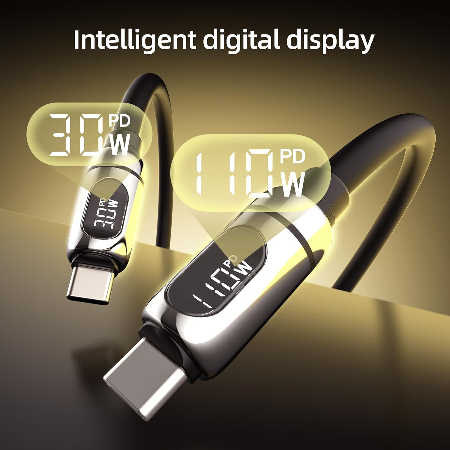 Detalle de MFish 4-in-1 Multi Charging Cable: 140W USB-C/USB-A to USB-C & Lightning with LED Display (5ft, Black)