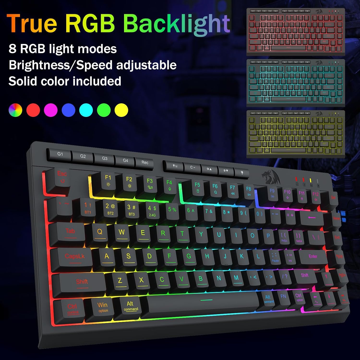 Thumbnail 5 de Redragon Wireless Gaming Keyboard (75% Tri-Mode) Bluetooth/2.4GHz/USB-C, RGB Macro Keys, Anti-Ghosting