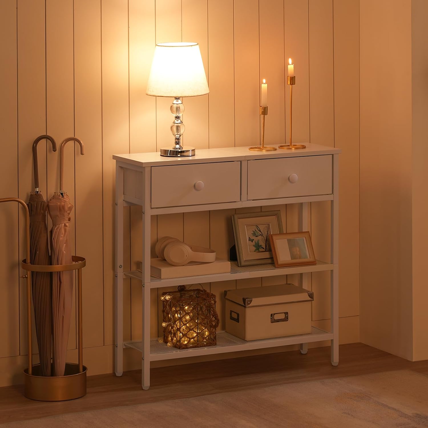 Detalle de HOOBRO Table Console Longue EWW72XG01G1 – Console industrielle blanche, 3 étagères ouvertes et 2 tiroirs en tissu non tissé