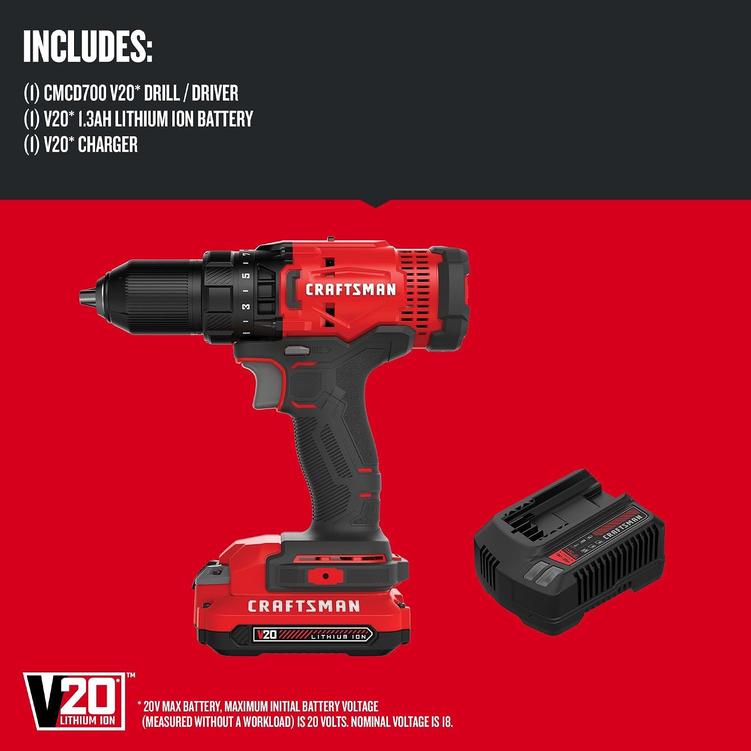 Detalle 2 de CRAFTSMAN V20 CMCD700C1 Cordless Drill/Driver Kit, 1/2-Inch Chuck