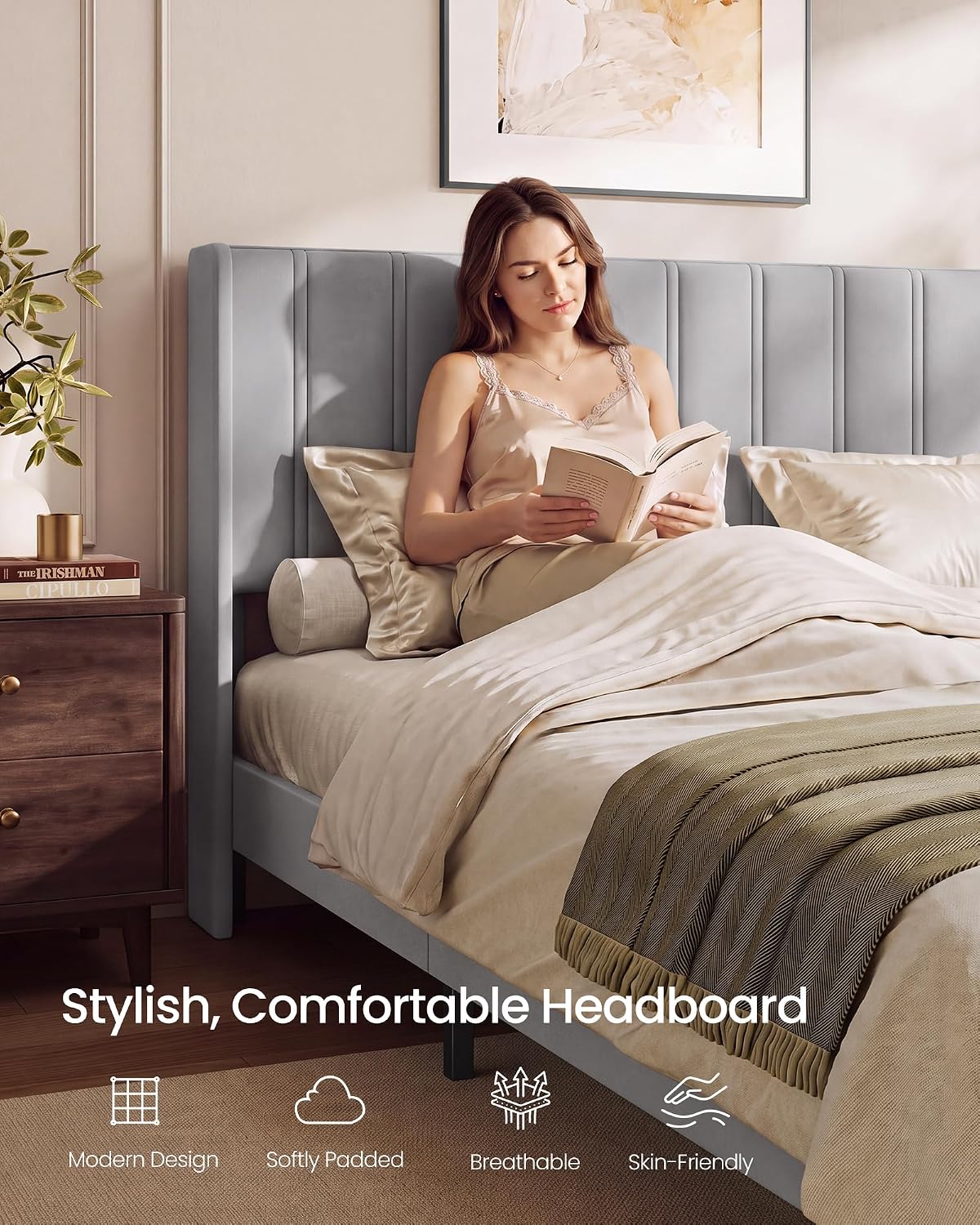 Detalle 2 de VASAGLE URMB681G101 Queen Bed Frame, Velvet Wingback Headboard, Dove Gray