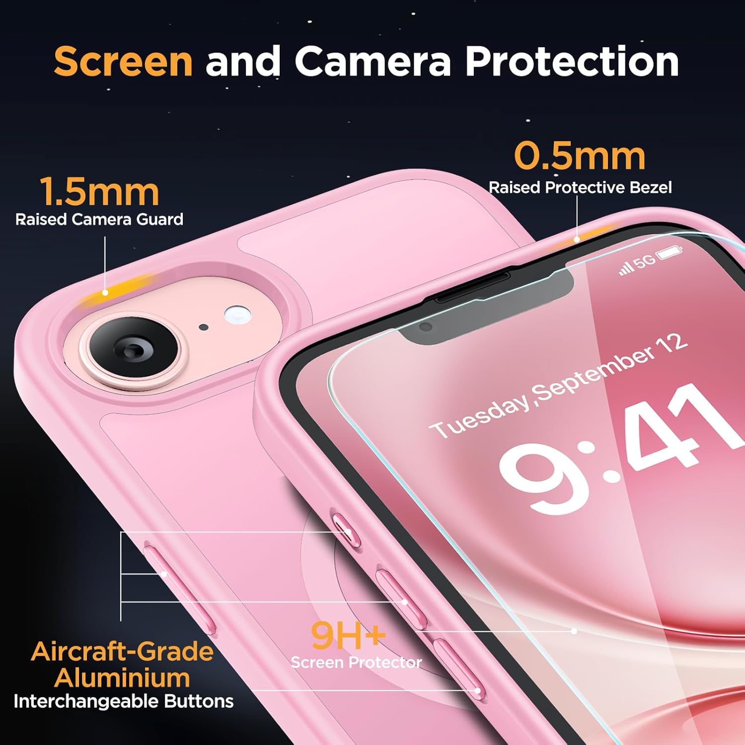 Thumbnail 5 de Miracase for iPhone 17e & 16e Case with MagSafe, 2x Screen Protectors – Military-Grade Shield in Soft Pink