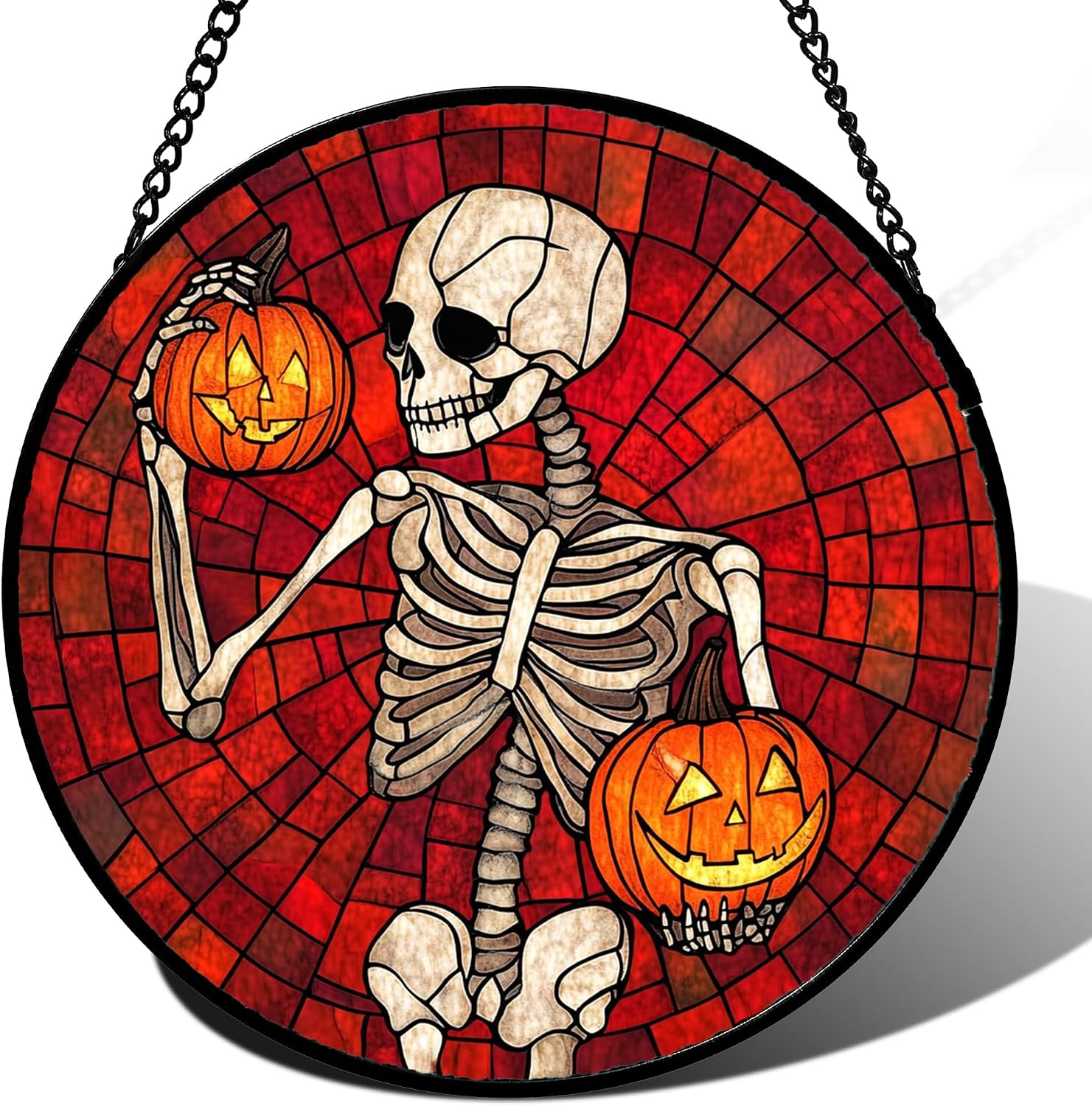 Detalle de CRISGIF Skeleton and Pumpkins Stained Glass Suncatcher, 6.3-Inch