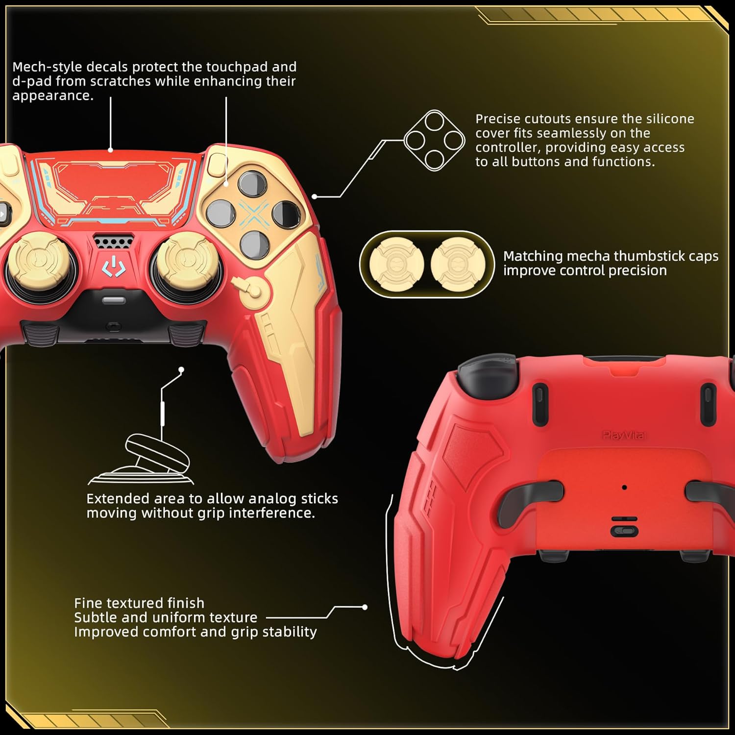 Detalle de playvital Silicone Cover Skin for PS5 Edge Controller – Mecha anti-slip grip protector (Crimson Red & Iron Yellow)