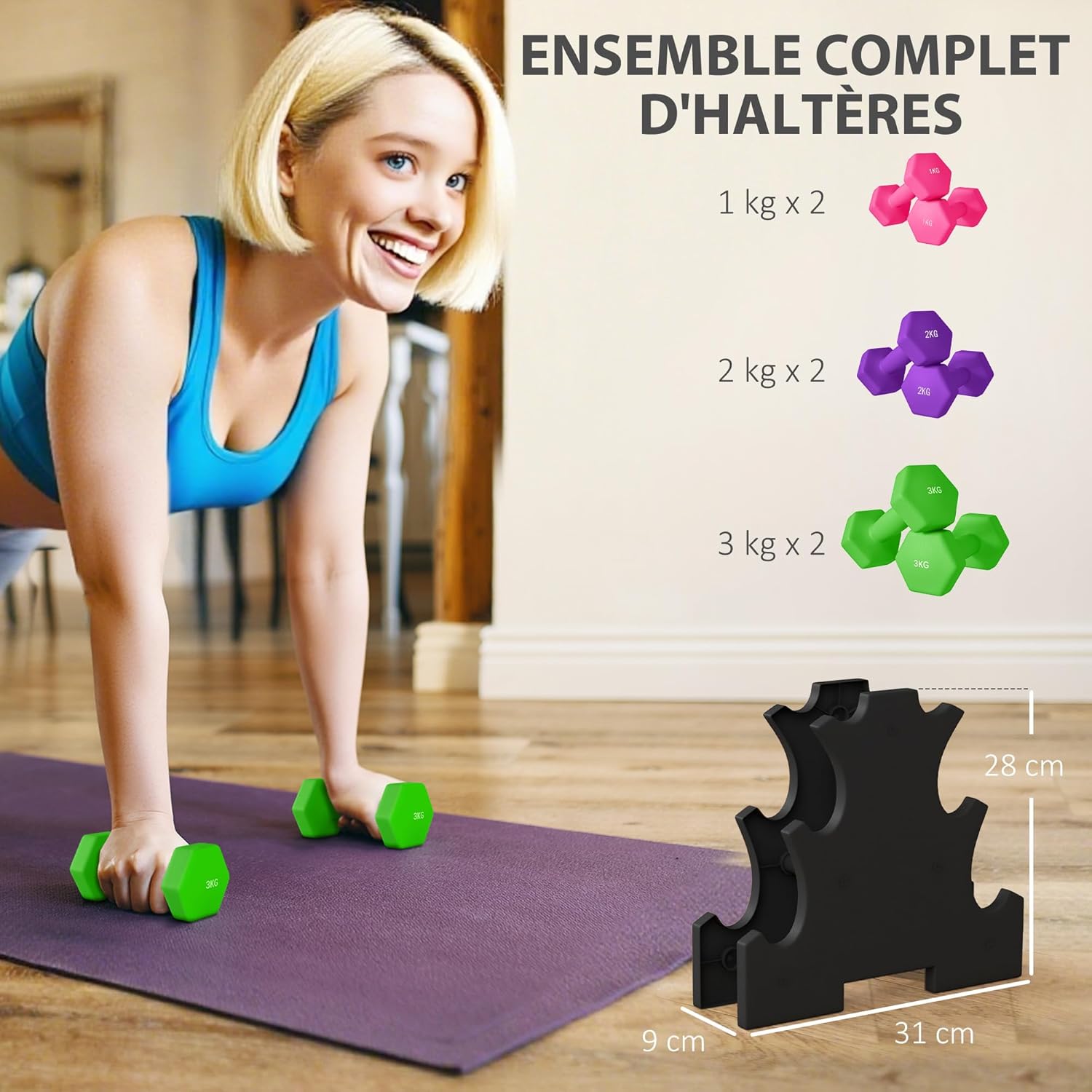Thumbnail 2 de SPORTNOW Ensemble haltères hexagonaux 12 kg avec support