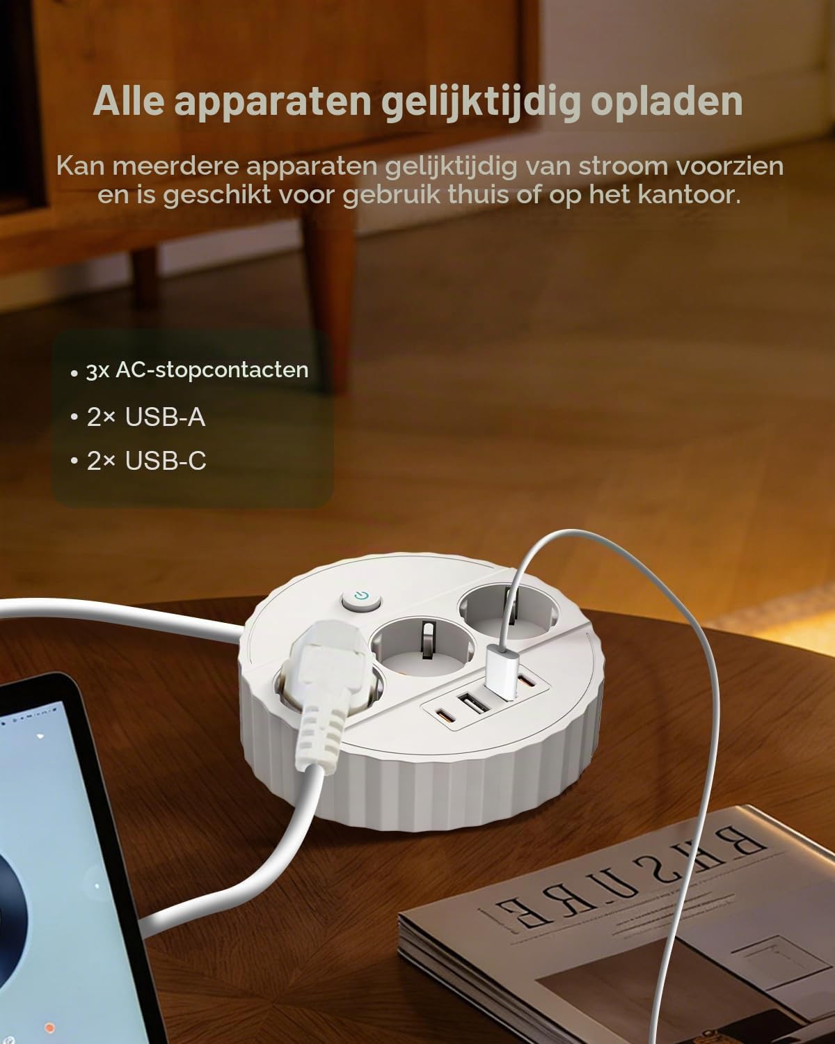 Detalle de Microwear 7-in-1 stekkerdoos, 2500 W, 2 USB-C-poorten en 1,8 m kabel
