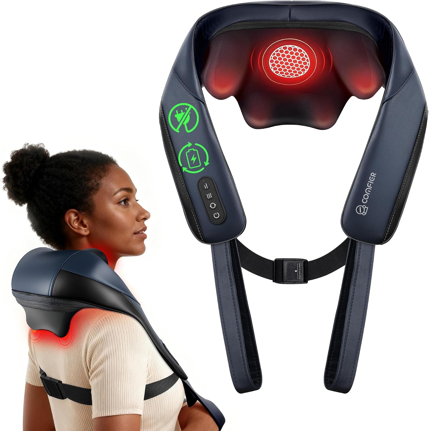 Detalle de COMFIER 2026 masseur cervical nuque, épaules et dos chauffant au graphène (shiatsu 4D) sans fil