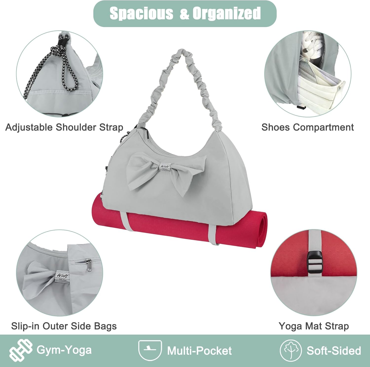 Detalle de Gym Bag Womens with Shoe Compartment and Yoga Mat Bag (46 x 18 x 30 cm) – Water-Resistant, Wet Pocket, Bottle Holder